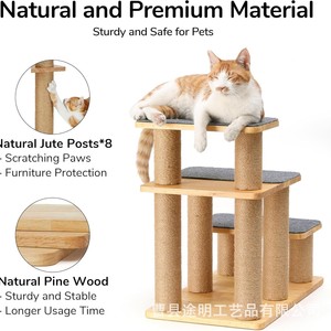 Wooden Cat Tree 4 Levels Sisal <b>Scratching</b> <b>Post</b> Durable Cat Ladder Natural Wood Color - Product Image 4