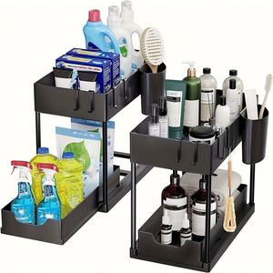 Plastic Kitchen Bathroom <b>Under</b> Cabinet 2 Tier <b>Sink</b> Organizer with Hooks and Cup Holders BPA-Free Multifunction <b>Storage</b> - Product Image 1
