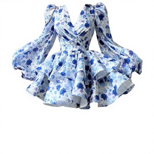 Robe Courte d'Été Décontractée Bleue à Volants et Fermeture Éclair au Dos pour Femme, Tissée Respirante, à Manches Longues, Imprimé Floral, Collection 2025 - Product Image 3