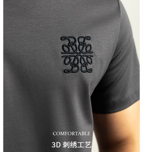 Camiseta <span class=keywords><strong>de</strong></span> Manga Corta para Hombre, Algodón Doble Mercerizado con Amoníaco Líquido, Logotipo OEM, Estilo 80s, Verano, Lujo, Bordado en Contraste - Product Image 6