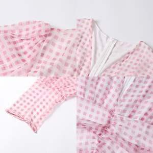 Mini Abito in Organza Trasparente <span class=keywords><strong>a</strong></span> Quadretti Stile Sweet Girly da Donna con Scollo <span class=keywords><strong>a</strong></span> V Profondo e Maniche Lunghe <span class=keywords><strong>a</strong></span> <span class=keywords><strong>Palloncino</strong></span>, Ideale per Vacanze Estive e Uso Quotidiano - Vendita all'Ingrosso - Product Image 3
