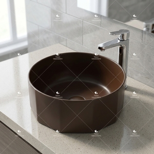 Lavabo hecho a mano de forma redonda de cerámica profunda, encimera de baño, cuenco de mesa, fregadero de arte <span class=keywords><strong>Colo</strong></span> marrón - Product Image 6