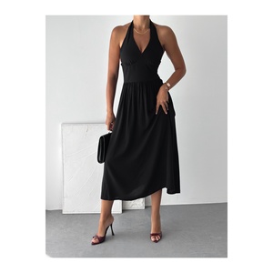 Women's Black Halter Neck Dress Elastic Waist Viscose Fabric Party Wear Sleeveless Backless Mid Length - Product Image 1