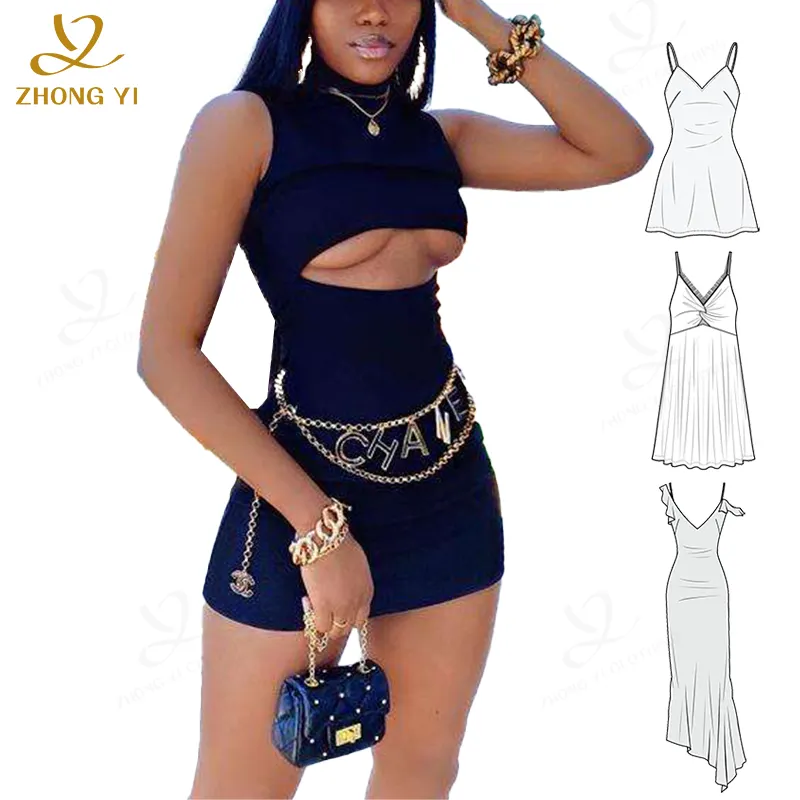 Custom 2024 New Summer High Neck Sleeveless Hollow Solid Color Hip Wrap Nightclub Party Women's Clothing Sexy Club Short Dress