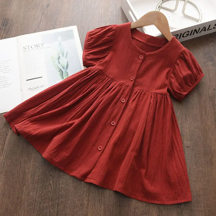 M2215 pakaian musim panas anak katun Linen Smoke gaun Solid Princess rok pendek Puff lengan gaun kasual untuk anak perempuan