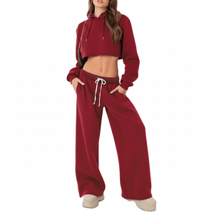 Sudadera con capucha corta de dos piezas personalizable de estilo de moda sostenible para mujer con pantalones acampanados holgados material de lana para mujer - Product Image 1