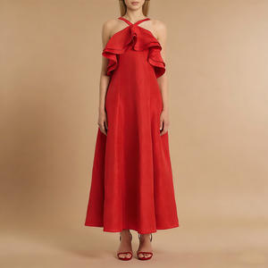 Abito da <span class=keywords><strong>sera</strong></span>/cocktail midi da donna elegante rosso con volant, scollo all'americana, linea ad A, lunghezza al pavimento, estivo - Product Image 1