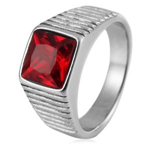 yunnique Men's <b>Titanium</b> Steel <b>Ring</b> Red Square Crystal Geometric Design Bezel Setting Wedding Gift Jewelry - Product Image 1