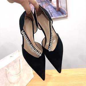 Luxury-sophisticated brand black <b>suede</b> rhinestone stiletto pointed-toe high <b>heels</b> with hollow thin <b>heels</b> for formal evening wedd - Product Image 2