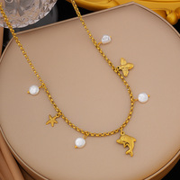 Collier pendentif Novirassine en acier inoxydable plaqué or 18 carats avec imitation perle, étoile de mer et tortue, chaîne en bambou inaltérable pour femme, cadeau