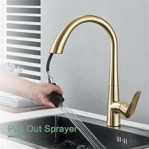 Robinet de cuisine extractible en acier inoxydable 304 doré brossé, eau chaude et froide, monocommande, col de cygne rotatif - Product Image 2