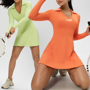 Распродажа, женское теннисное платье для гольфа, шорты с карманами, V-образным вырезом, длинными рукавами, эластичные спортивные платья-поло для активного отдыха - Product Image 1