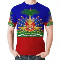 Kaos Pria Cepat Kering Bahan Polyester Motif Bendera Nasional Haiti Cetak Penuh Lambang Pohon Palem Kerah Bulat untuk Aktivitas Harian, Jalanan, Luar Ruangan, dan Olahraga