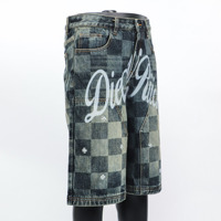 Short en damier de coton de jogging en denim à bord coupé, vêtement de rue en détresse, jorts pour hommes jorts personnalisés à logo imprimé au laser