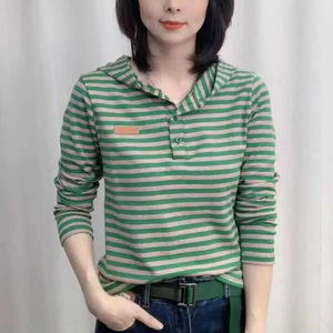 <b>Striped</b> Hooded Long Sleeve T-Shirt Women Knitted Slim Fit Spring Autumn Casual <b>Top</b> - Product Image 2