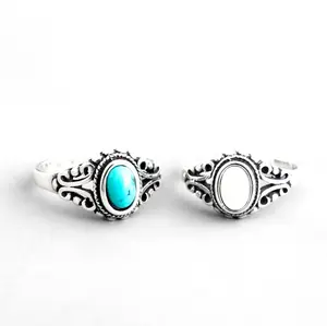 Boho Silver Rings For Women Oval Gem Turquoise Shell Joint Ring Jewelry Gift