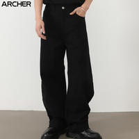 Pantalon Décontracté Homme Tendance Coupe Droite en Coton 100% Taille Semi-Élastique Style Jean à Lame Courbe Devant Plat