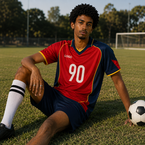 Maillot de football personnalisé pour homme, rouge et bleu, à manches courtes, col en V, respirant, impression par sublimation, avec numéro 90 et logo frontal - Product Image 1
