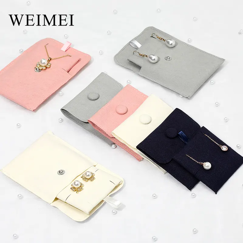 Weimei Sac à bijoux anti-poussière avec logo personnalisé Sacs d'emballage Petite enveloppe pliée Pochette à bijoux en microfibre avec bouton et rabat