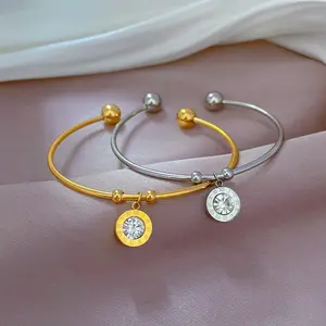 Fashion Roman Numerals Charm Bracelets 18K Gold Color Stainless Steel Zircon Cuff Bangle for Women Waterproof Jewelry (KSS539)