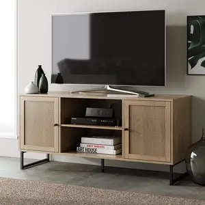 Luxury Rattan Doors Tv Stand Entertainment Cabinet With Steel Frame For Living Room