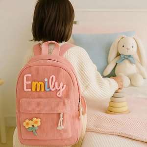 Sac à dos en velours côtelé personnalisé avec nom brodé, style mignon, sac d'école avec fermeture éclair, poche intérieure, monogramme pour tout-petits et enfants - Product Image 2