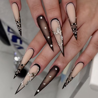 Faux ongles européens et américains à talon long, strass étincelants, design manucure française foncée, motif étoiles scintillantes