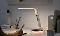 Lampe pliable blanche avec chargeur sans fil et affichage de la température et du calendrier