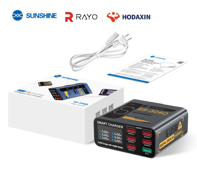 6 USB Ports Smart Lightning Charger SUNSHINE SS-304Q QC 3.0 3A 2.4A Wide Compatibility for Multi Brand Phone Tablet Phone Repair