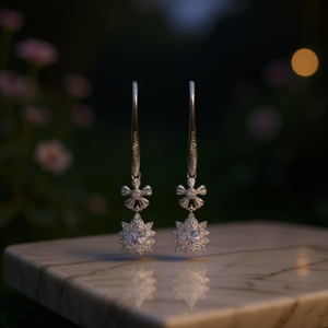 Orecchini pendenti a forma di fiocco di neve in oro bianco con zirconi rotondi incastonati a griffe per gioielli romantici da donna per matrimoni - Product Image 2