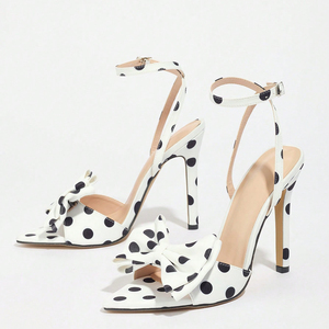 Sandales blanches vintage à pois à talons hauts, avec <span class=keywords><strong>grand</strong></span> nœud, bout pointu ouvert, bride cheville, escarpins à talon aiguille, chaussures de soirée - Product Image 3