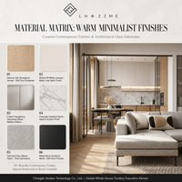 Meubles de cuisine modulaires modernes sans poignées bicolores, finition chêne naturel veiné, laque blanc cassé mat, verre cannelé Calacatta, OEM ODM