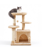 Arbre à chat classique en sisal beige brun, tour à chat multi-niveaux avec poteaux à gratter et échelle pour chats d'intérieur