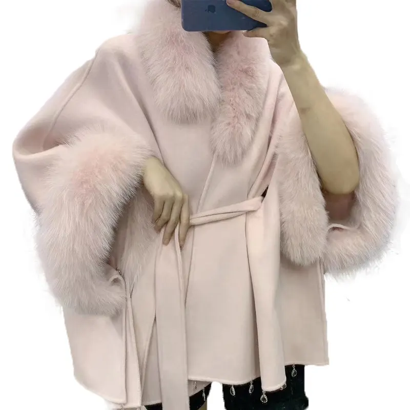 Women Spring cashmere poncho real fox fur trim cape girls Autumn fashion style