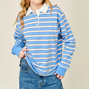 Custom Preppy Loose Casual <strong>Shirt</strong> Long Sleeve Soft Cotton <strong>Polo</strong> <strong>Shirt</strong> <strong>Women</strong> Striped Oversized Drop Shoulder <strong>Polo</strong> Sweatshirt - Product Image 2