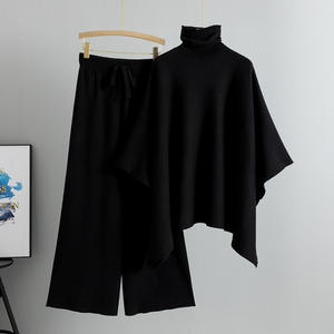 Sweter rajut wanita pola polos modis, 2 potong Set jubah kerah tinggi dan celana kaki lebar untuk musim gugur gaya kasual - Product Image 4