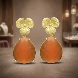 Nouvelles boucles d'oreilles pendantes ethniques pour femmes, motif floral, avec pierre de cornaline, plaqué or, pour mariage, bijoux Jaipur Gems - Product Image 3