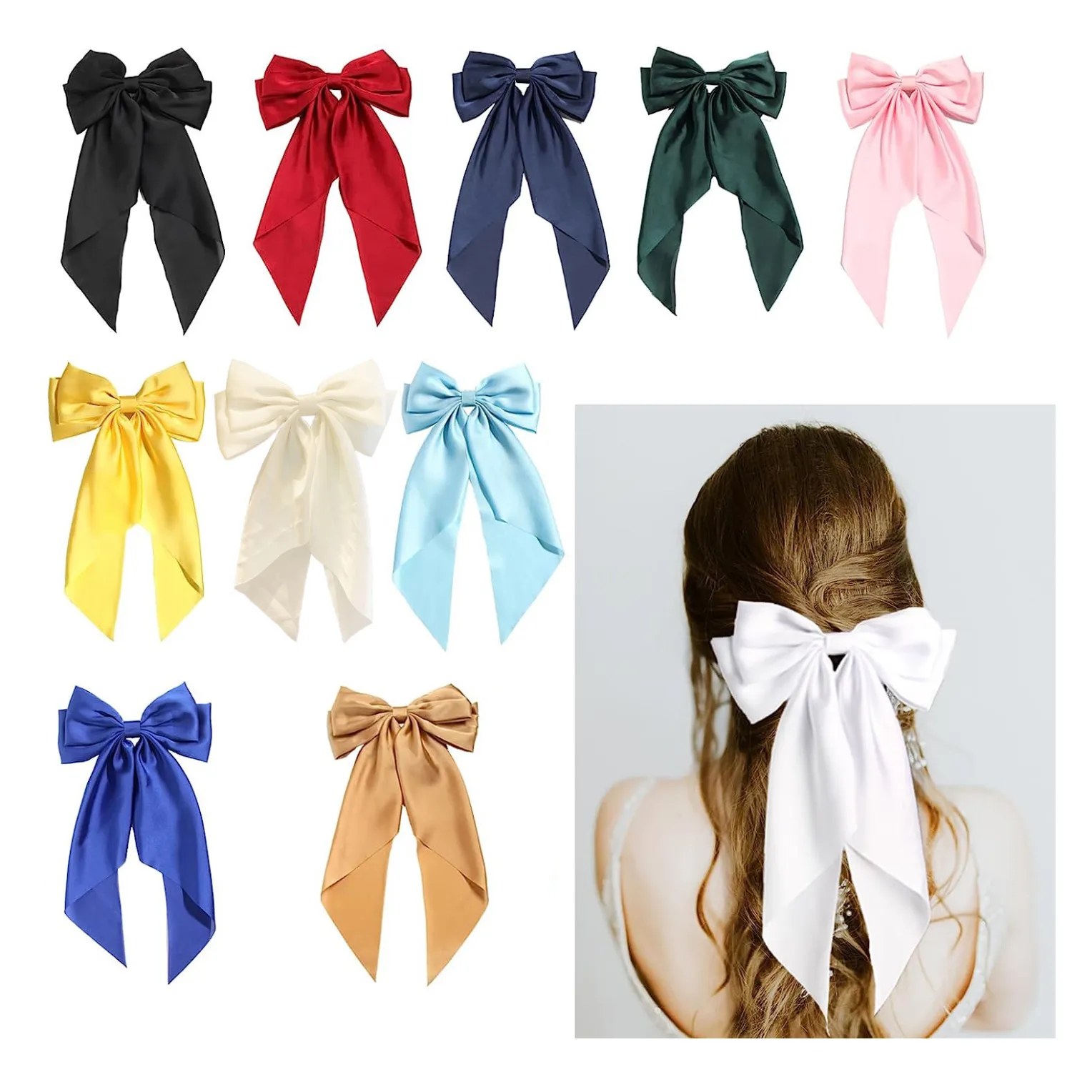 New Design Silky Satin Bow Hair Clips Long Tail Bows Clip for Girls Women Large Solid Hair Bows Hairpin for Woman
