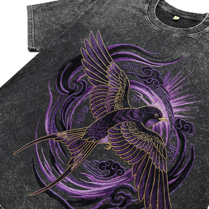 Camiseta de Hombre, Corte Regular, Color Negro Lavado a la Piedra, Teñido en Prenda, Estampado DTG con Pájaro Místico Chino Vintage, 100% Algodón, Transpirable, Antiarrugas - Product Image 3