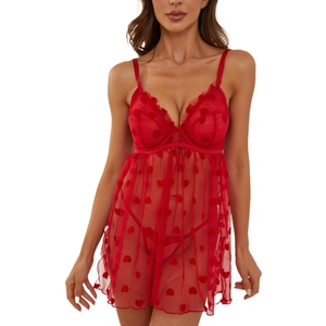Custom Red Heart Print Lingerie Set Underwire Sheer Mesh <b>Babydoll</b> Nightgown Sleepwear OEM Manufacturer - Product Image 5