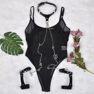 Perspectiva malla Pu cadena Lencería Sexy mujer Tune Up ropa interior ropa con cuello Bondage esposas Lencería Sexy para mujer - Product Image 6