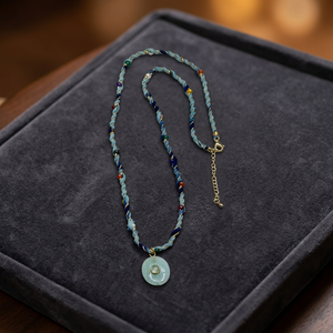 Collier en cordon torsadé bleu marine fait main Sstringz avec pierre vert menthe et accents de perles multicolores, bijoux de mode bohème - Product Image 4