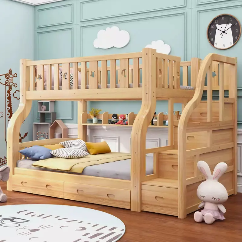 Factory New Style European Solid Wood Children's Bed with Wardrobe and Slide Children's Bunk Bed Oak Wood Children's Room Modern
