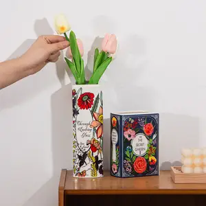 Estilo nórdico cerâmica livro flor vaso decoração home atacado logotipo personalizado padrão floral livro vasos