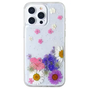 Gerçek kurutulmuş çiçek Bling Glitter temizle manyetik telefon iPhone için kılıf 15 Pro Max 14 13 12 lüks telefon kılıfı