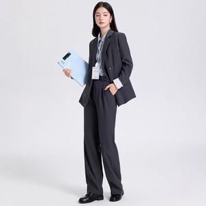 Women's Double-Breasted Suit Set Solid Color Polyester Anti-Wrinkle Casual Work Wear - Product Image 2