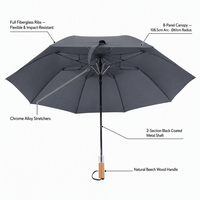 Parapluie d'affaires compact gris sophistiqué avec poignée en bois et boucle de poignet couleur bronze, idéal pour un cadeau d'entreprise VIP haut de gamme