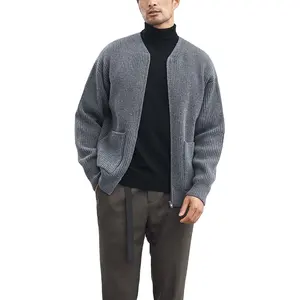 Winter solid color loose merino wool knit men's zip cardigan sweater