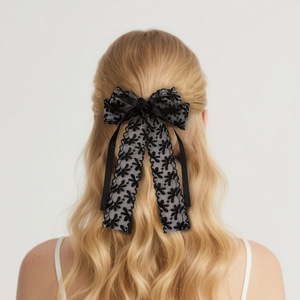 Grosir klip rambut busur pita elegan Perancis klip busur bordir renda dengan pita Tulle tipis untuk wanita - Product Image 2
