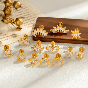 Orecchino per Piercing HENGSEN in Acciaio Inossidabile con Parte Posteriore Piatta, Barbell e Labret con Zirconi, Anello per Labbro, <span class=keywords><strong>Oro</strong></span>, per Elica e Cartilagine - Product Image 4